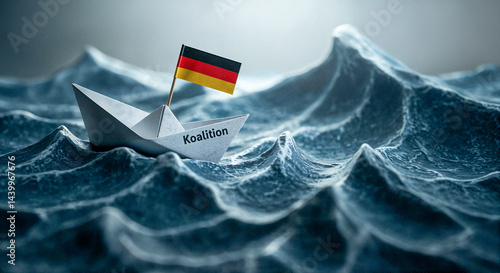 Papierboot mit Deutschlandflagge und Schriftzug Koalition auf stürmischer See