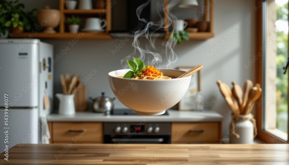 Minimalist aesthetic depiction of bowl of ramen floating in mid air in a cozy kitchen with soft matte texture Minimalist aesthetic depiction of bowl of ramen floating in mid air in a cozy kitchen with soft matte texture