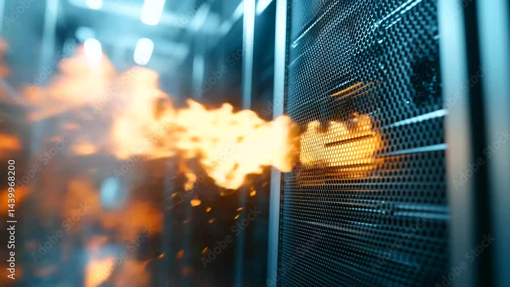 Close-up of a server rack on fire inside a data center, the intense ...
