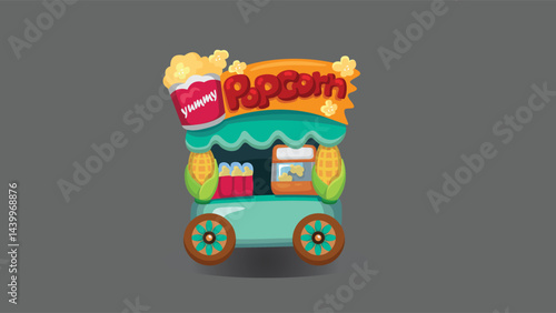 Stylized illustration of a popcorn cart on a gray background. Features a turquoise cart with POPCORN sign in red letters, popcorn bucket labeled 'yummy', corn cobs, and decorative wheels.