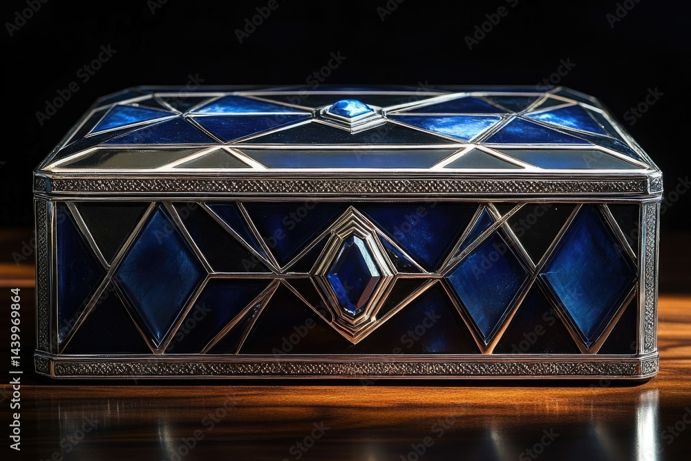 An elegant, dark blue rectangular box with silver geometric inlay and accents, featuring embedded blue gemstones. An elegant, dark blue rectangular box with silver geometric inlay and accents, featuring embedded blue gemstones.