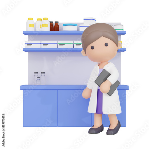 3DCG｜調剤棚の前でポーズをとる若い薬剤師の女性