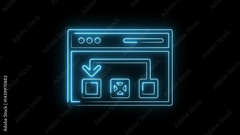 Neon workflow diagram on browser window with glowing lines Neon workflow diagram on browser window with glowing lines