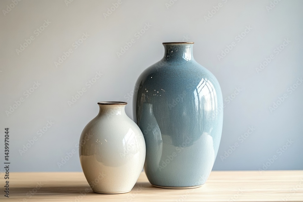 Two ceramic vases, one light grey and one light blue, sit on a wooden surface against a light grey wall. Two ceramic vases, one light grey and one light blue, sit on a wooden surface against a light grey wall.