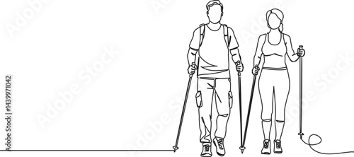 continuous single line drawing of couple hiking with trekking poles, line art vector illustration