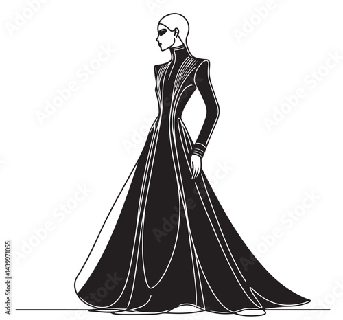 sketch futuristic fashion model in long black dress. Abstract