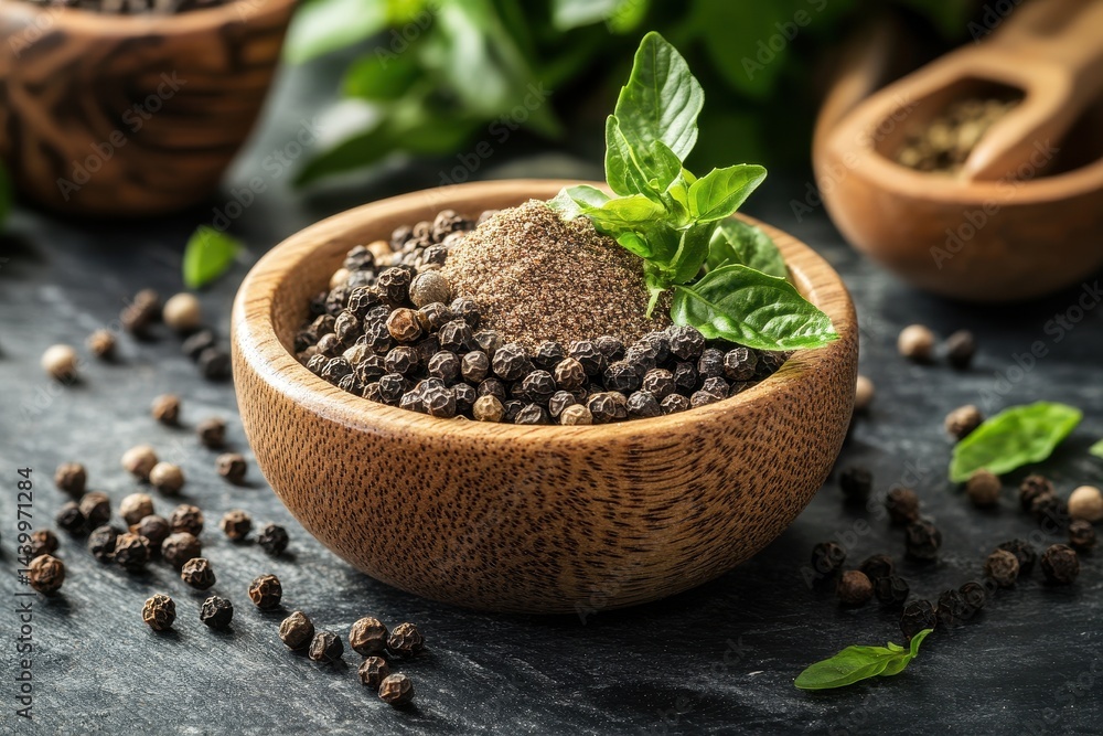 Wooden bowl with peppercorns, pepper powder, and fresh basil on dark stone. Perfect for culinary, spice, seasoning, and healthy eating concepts. Wooden bowl with peppercorns, pepper powder, and fresh basil on dark stone. Perfect for culinary, spice, seasoning, and healthy eating concepts.