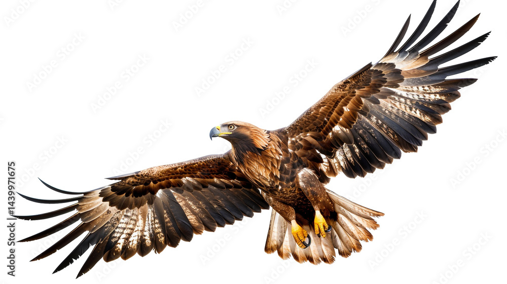 Fototapeta premium Magnificent golden eagle soaring with outstretched wings. Powerful bird of prey in flight.
