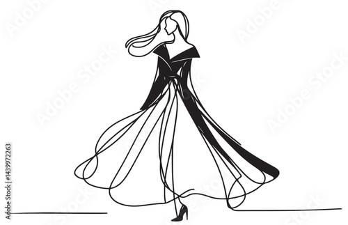 Fashion model silhouettes sketch hand drawn , vector illustration. line sketch abstract fashion model in long black dress with collar