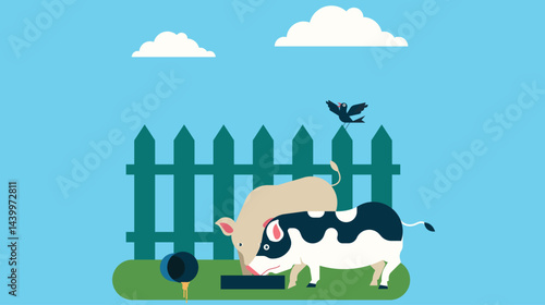 illustration of farm animals in a farm field, including cows, sheep, and chickens, symbolizing rural life, agriculture, and the natural harmony of farm living