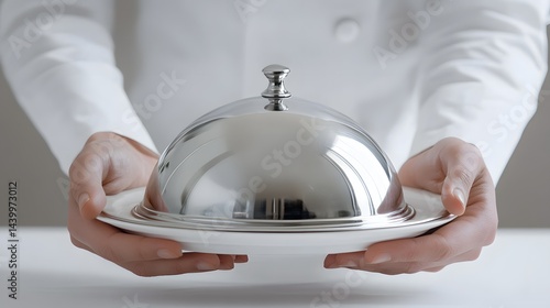 Silver Cloche Revelation: A close-up perspective showcases hands delicately presenting a silver cloche atop a pristine white plate, offering a glimpse of culinary anticipation.
