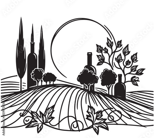 vine plantation hills, trees, clouds on the horizon vector illustration, sketch, silhouette