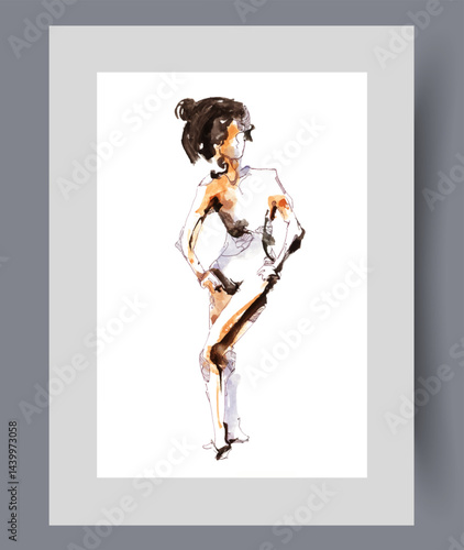Obraz na płótnie Naked woman is depicted in abstract style, standing without clothes with hands on belt on poster. Watercolor artwork. Wall art with naked lady looking away, in frame with decor for print w salonie