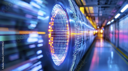 futuristic scientific accelerator with vibrant lights and motion blur, showcasing advanced technology and innovation