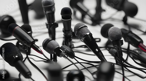 Microphones in unison: A close-up shot captures an array of professional microphones clustered together. Each microphone, with its sleek design, is a tool of communication.