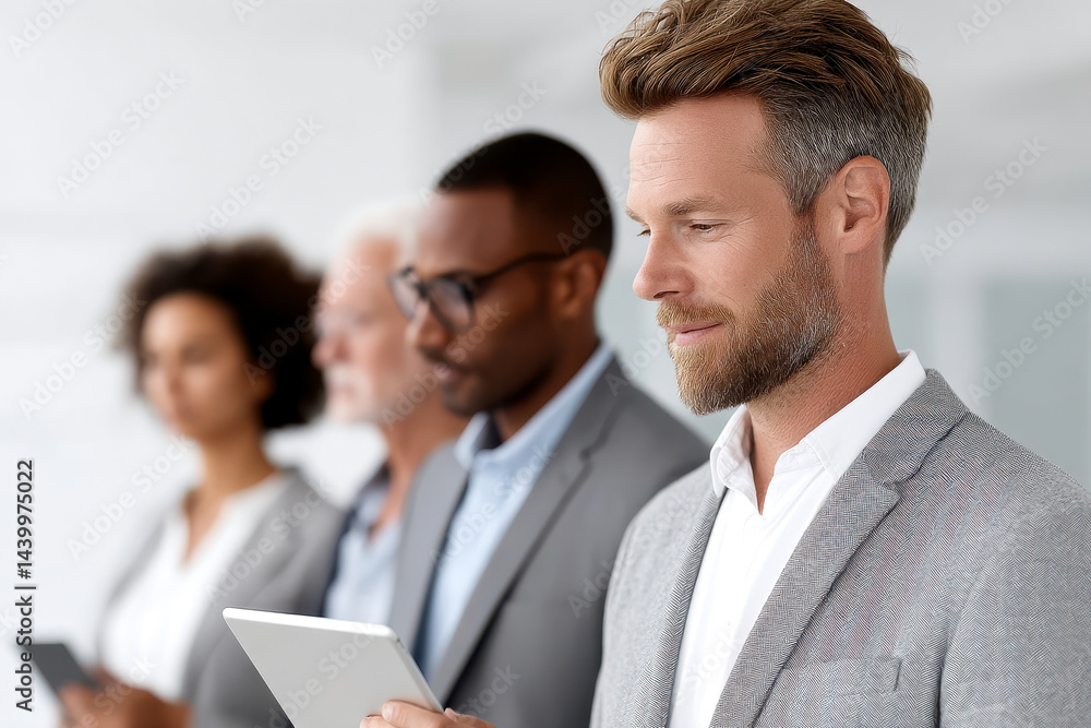 Four professionals in business attire stand in a row, focused on digital tablets, in a bright modern office setting. Four professionals in business attire stand in a row, focused on digital tablets, in a bright modern office setting.
