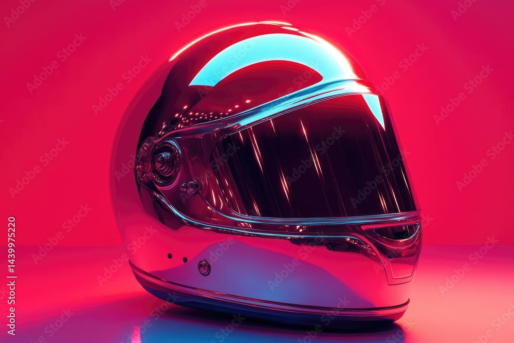 Fototapeta premium Chrome motorcycle helmet in vibrant pink and blue neon light, reflecting futuristic style.