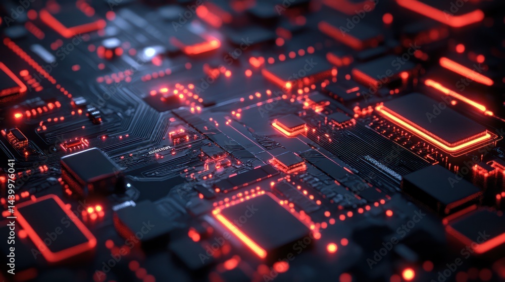 Detailed view of an illuminated electronic circuit board with glowing components Detailed view of an illuminated electronic circuit board with glowing components
