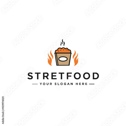 Street food logo with hot food container icon featuring steam and flames for takeaway.
