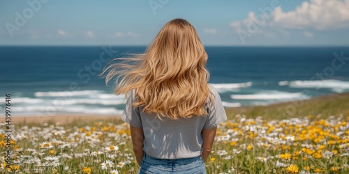 Woman Enjoying Breeze by the Sea with Wildflowers and Flowing Hair