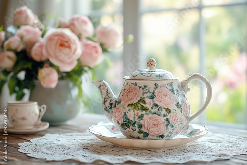 Wallpaper Mural A floral teapot sits on a lace doily next to a bouquet of roses, near a window. Torontodigital.ca