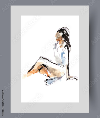 Erotic woman posing for abstract artist sitting on floor and looking up on print. Watercolor poster. Artwork with erotic portrait of naked girl with attractive figure, in frame with decor for wall art