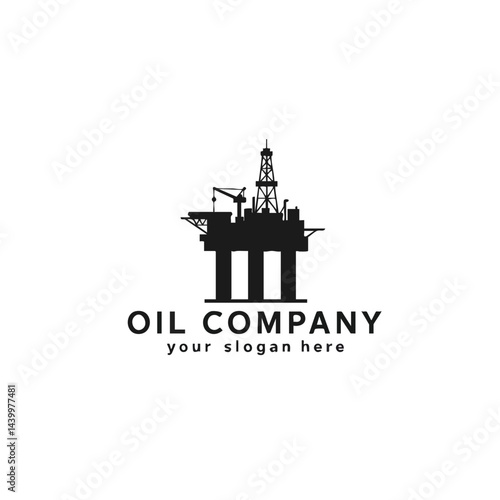 Oil Company Logo with Black Silhouette of Offshore Oil Rig Platform for Exploration Production.

