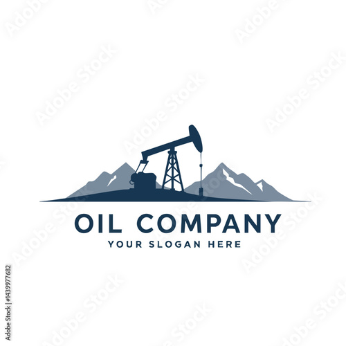 Oil company logo with pumpjack silhouette against mountain landscape for energy exploration branding.
