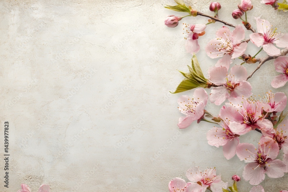 Fototapeta premium Light gray backdrop adorned with delicate pink blossoms.