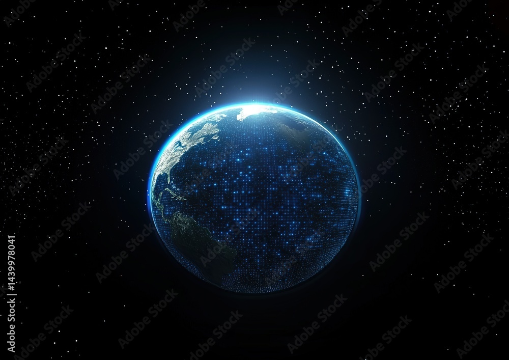 Obraz premium A digitally rendered Earth with a grid pattern and blue lights on edges against a starry background.