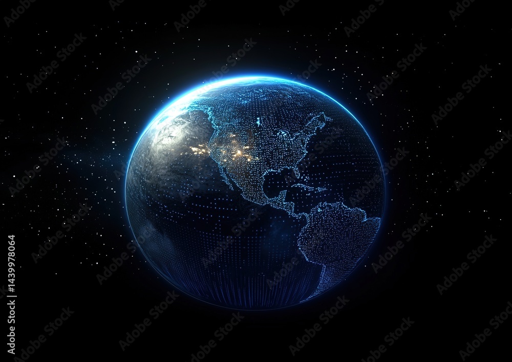 Obraz premium A digitally rendered Earth with a grid pattern and blue lights on edges against a starry background.