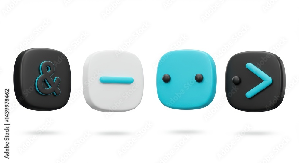 3D Symbols: Ampersand, Minus, Smiley Face, Greater Than, Squared, Isolated on White. 3D Symbols: Ampersand, Minus, Smiley Face, Greater Than, Squared, Isolated on White.