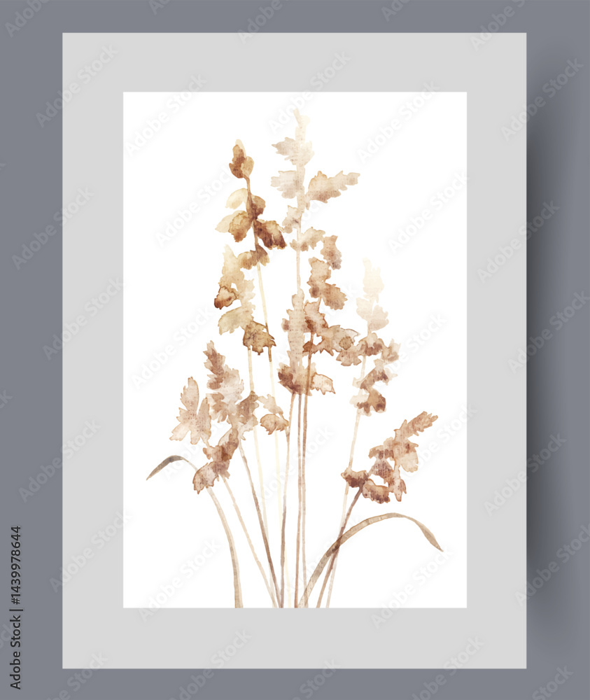 Field plant or grass dried out due to long absence of rain or hot weather on wall art. Watercolor artwork. Poster with field plant with tassels on top of thin stems, in frame with decor for print