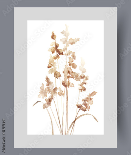 Obraz na płótnie Field plant or grass dried out due to long absence of rain or hot weather on wall art. Watercolor artwork. Poster with field plant with tassels on top of thin stems, in frame with decor for print w salonie
