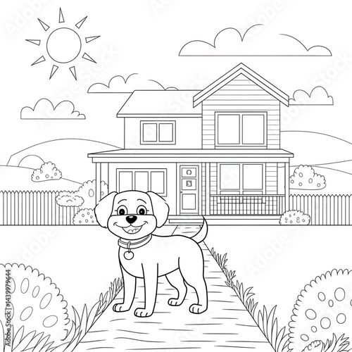 dog in the street and backside a house coloring page 