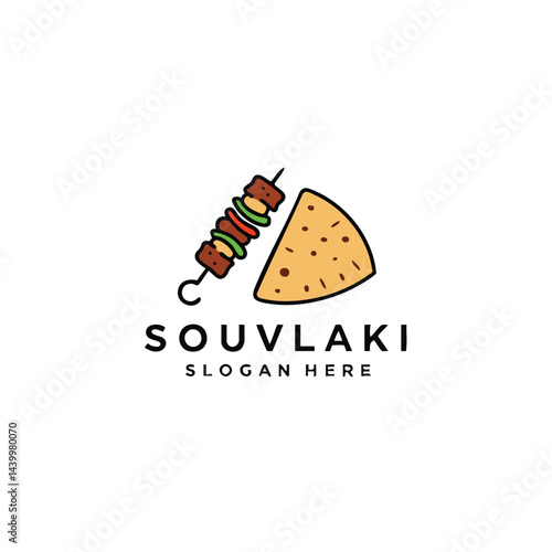 Souvlaki Logo with Grilled Meat Skewer Kebab and Pita Bread for Greek Food Restaurant.

