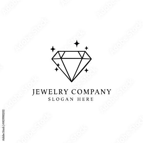 Jewelry Company Logo with Line Art Diamond Icon Surrounded by Sparkle Star Symbols Design.

