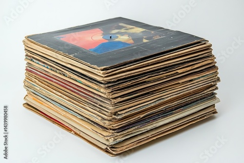 A large stack of vintage vinyl records, showing signs of age and wear,  stacked neatly.