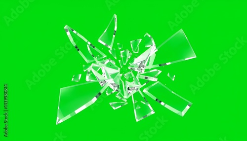Isolated Shattered Glass Fragments on Green Screen for Melancholic Music Video Vfx Production Elements Fantasy with Sharp Glossy Shards and Green Screen Studio Background