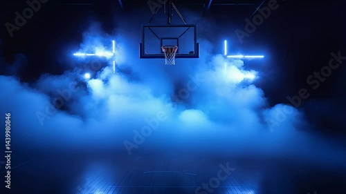 Basketball Court with Neon Lights and Fog at Night