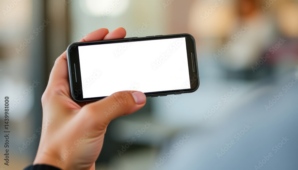 Hand holding smartphone with blank screen in modern indoor setting, mobile device ready for app visualization or content display Hand holding smartphone with blank screen in modern indoor setting, mobile device ready for app visualization or content display