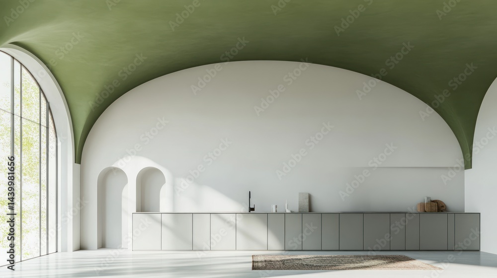 Fototapeta premium Modern kitchen, arched windows, green ceiling, sunlight, empty