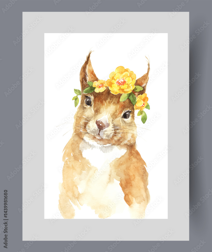 Red squirrel with flowers on head looks at screen on wall art. Watercolor print. Artwork with fluffy squirrel with white fur on its neck for interior design, in frame with decor for poster