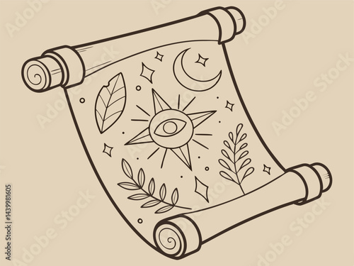 Mystic Scroll with Eye, Stars, Moon Illustration