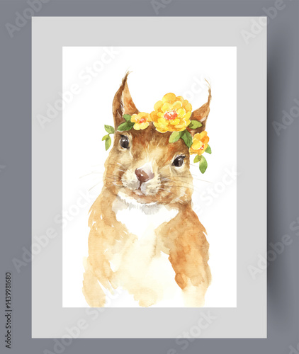 Obraz na płótnie Red squirrel with flowers on head looks at screen on wall art. Watercolor print. Artwork with fluffy squirrel with white fur on its neck for interior design, in frame with decor for poster w salonie