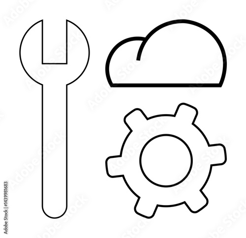Wrench, gear, and cloud representing cloud tools, system updates, service optimization. Ideal for technology, IT support, cloud services, software engineering efficiency and flat simple metaphor