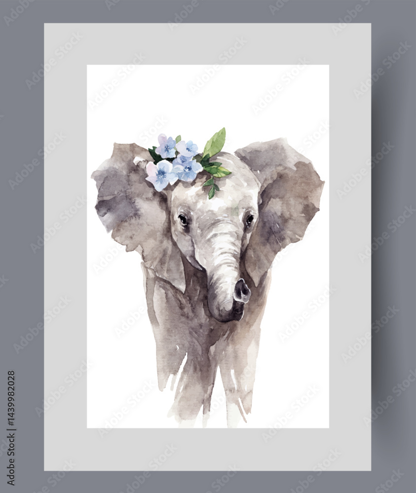 Small baby from tropical savannah, with spring flowers on head on poster. Watercolor artwork. Wall art with baby elephant with big ears and long trunk, in frame with decor for print