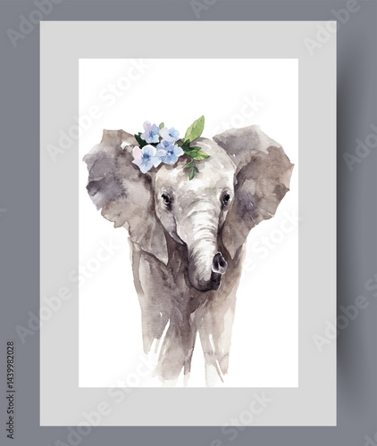 Obraz na płótnie Small baby from tropical savannah, with spring flowers on head on poster. Watercolor artwork. Wall art with baby elephant with big ears and long trunk, in frame with decor for print w salonie