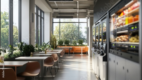 Modern Office Breakroom with Vending Machines and Greenery