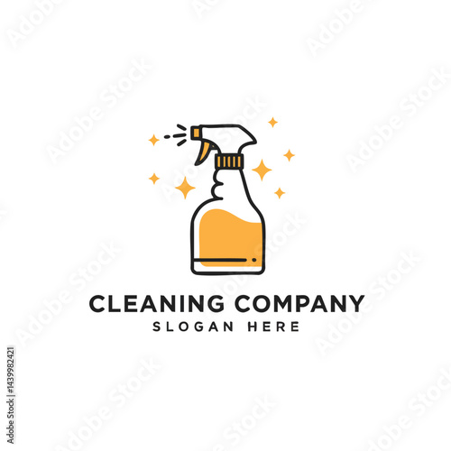 Cleaning company logo featuring spray bottle and sparkling stars. Represents cleaning services and hygiene products.
